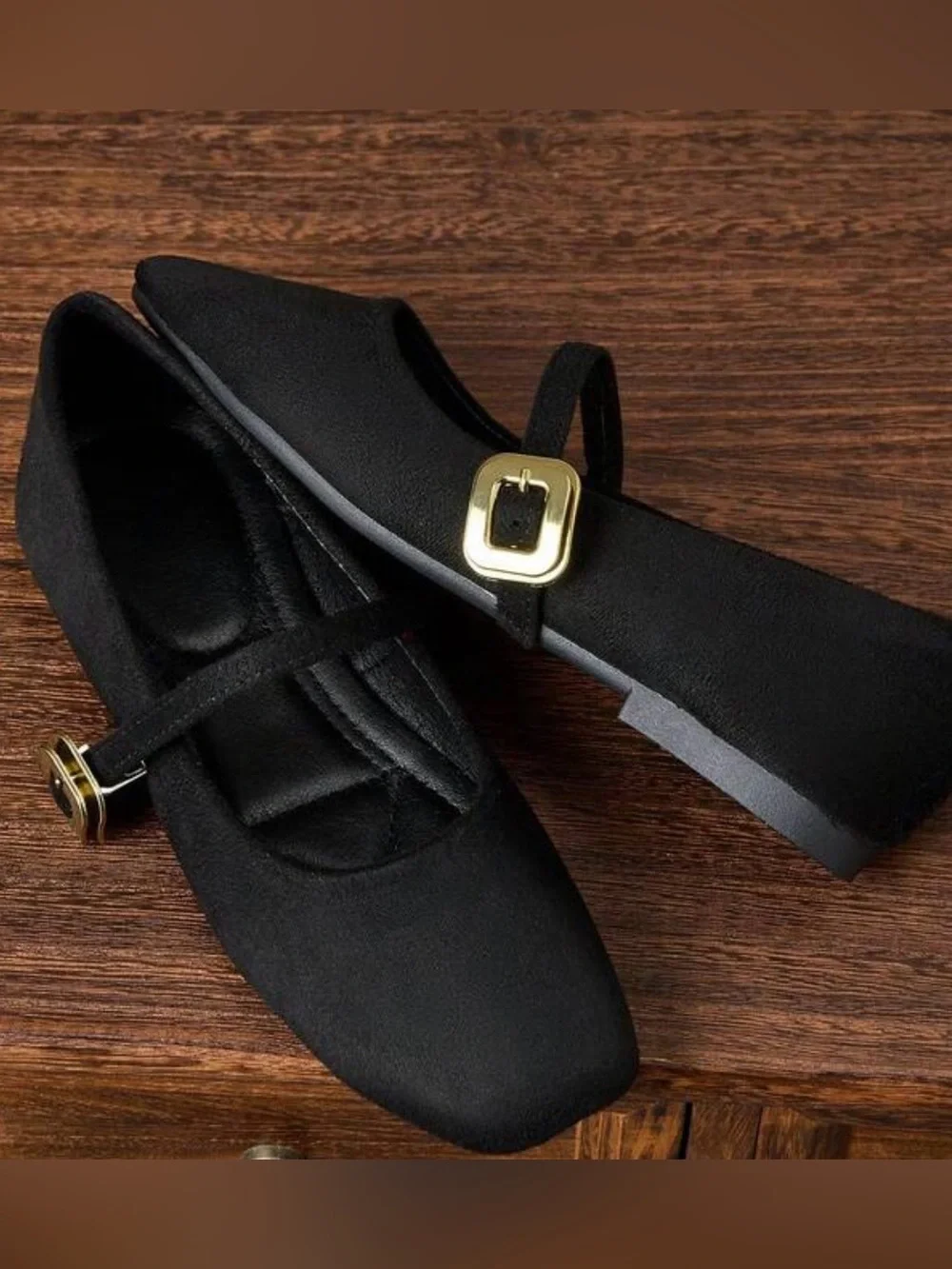 H&M Black Suede Mary Jane Flats with Gold Buckle size 11 NWT
